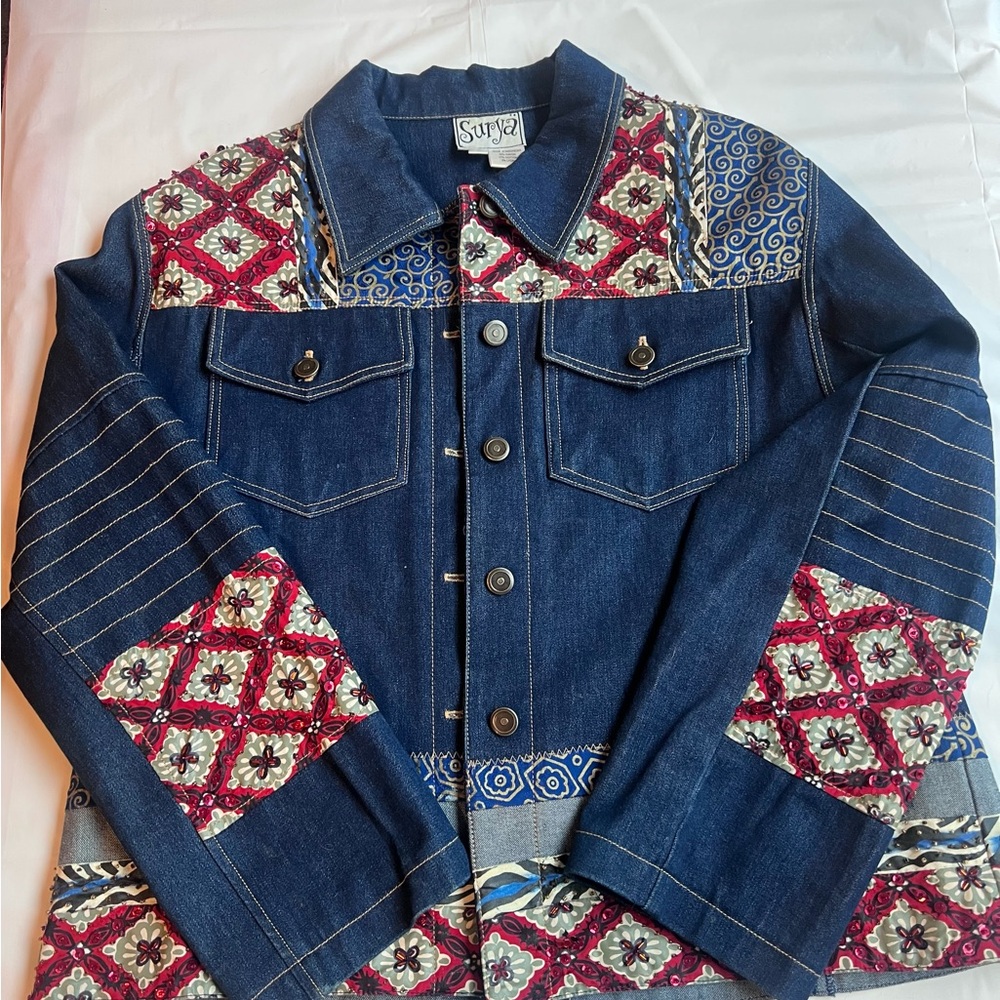 Navy Blue Patchwork Denim Jacket Boho - image 1